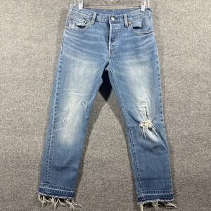 Levis Jeans 501 Womens W28 L32 Original Fit Distressed Frayed Hem Blue Denim